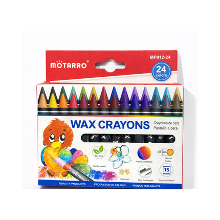 Box of Motarro wax crayons with colorful crayon tips on a white background