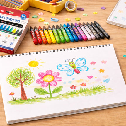 Colorful crayons and a child's drawing on a wooden table