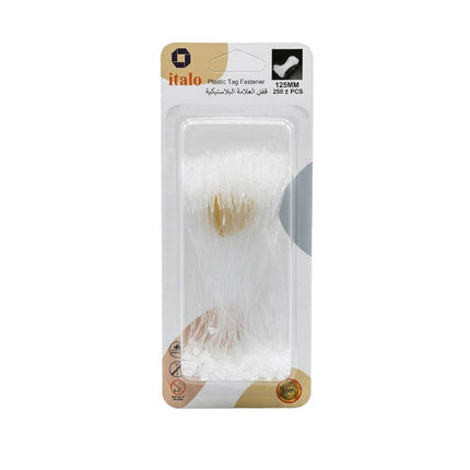 Packaged plastic tag fastener with 'italo' branding on a white background