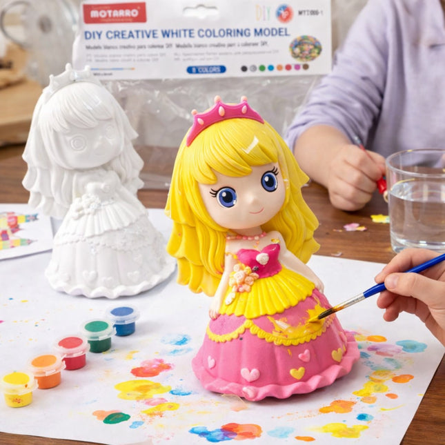 Child painting a princess figurine with colorful paint on a table.