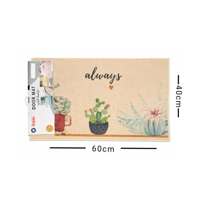Decorative door mat with cactus design and 'always' text, shown with dimensions.