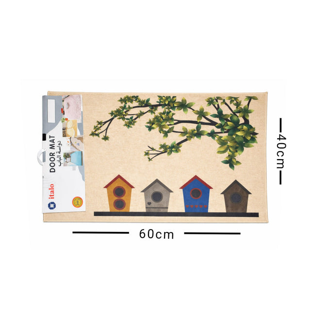 Doormat with birdhouses and a branch design, featuring dimensions on a white background.