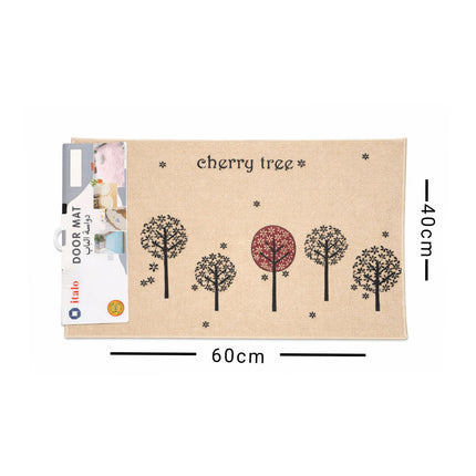 Door mat with cherry tree design and measurements on a white background