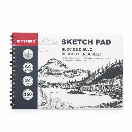 Sketch pad with mountain landscape illustration on a white background