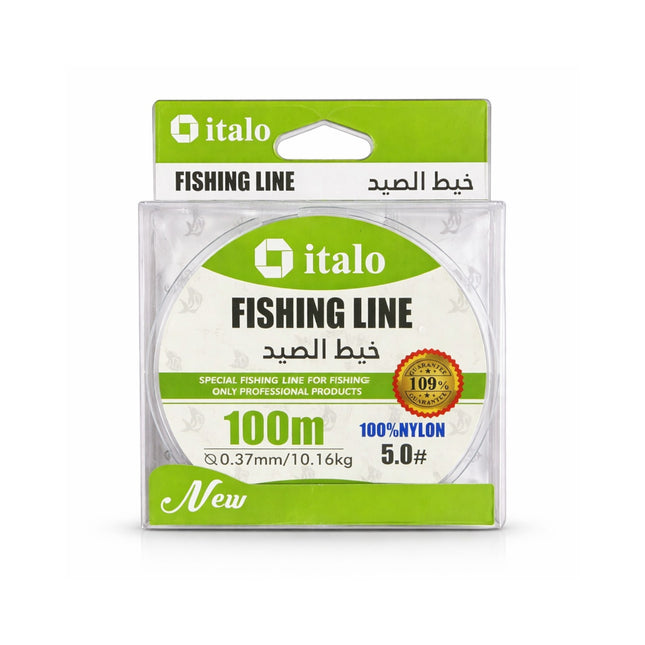 Italo fishing line packaging with green and white design on a white background