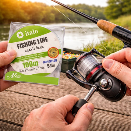 Fishing line package with a fishing reel on a wooden surface near a lake.