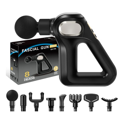 Black fascial gun with interchangeable heads and packaging on a white background