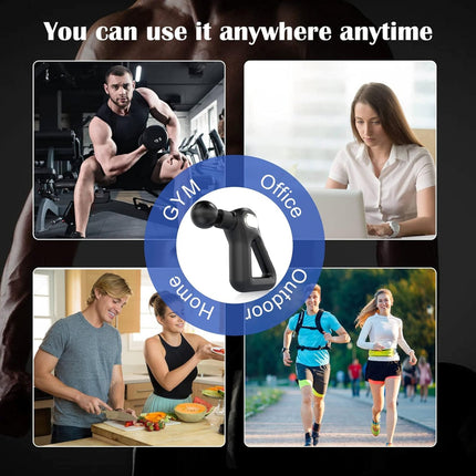 Collage of a handheld massage device with people using it in various settings.