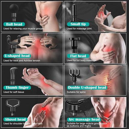Illustrations of different massage heads and their uses on various parts of the body.