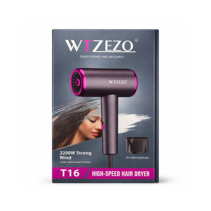 Wtzezo high-speed hair dryer packaging with a woman using the hair dryer.