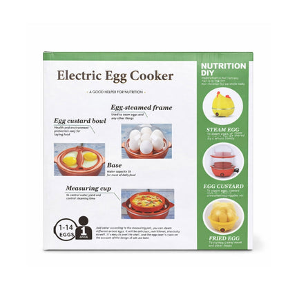 Electric Egg Cooker packaging with images and text on a white background