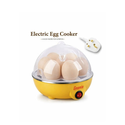 Electric egg cooker with four eggs inside on a white background