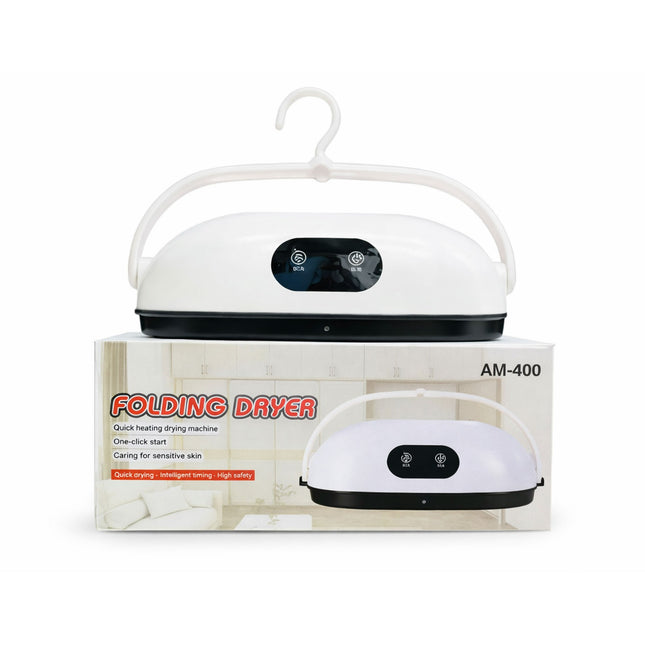 White folding dryer with a hanger on top of its packaging box, featuring text and branding.