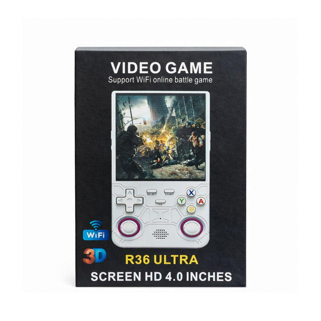 Video game console packaging with screen display and text on a white background