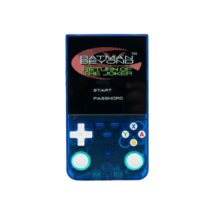 Handheld gaming console with Batman Beyond branding on a white background