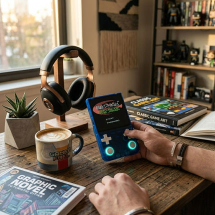 Person holding a handheld gaming console on a desk with books and a coffee mug.
