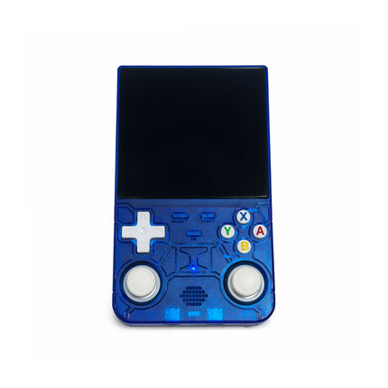 Blue handheld gaming console with screen and control buttons on a white background