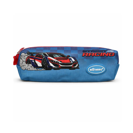 Blue pencil case with racing car design and 'Motarro' branding on a white background