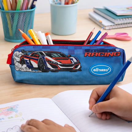 Blue pencil case with racing car design on a desk with stationery items