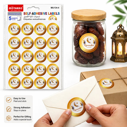 MOTARRO self-adhesive labels with a jar of dates, lantern, and gift box on a white background.