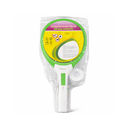 White electronic device with green accents in clear packaging on a white background
