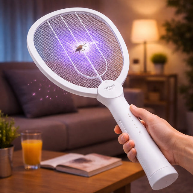Hand holding a white electric fly swatter with a blurred indoor background