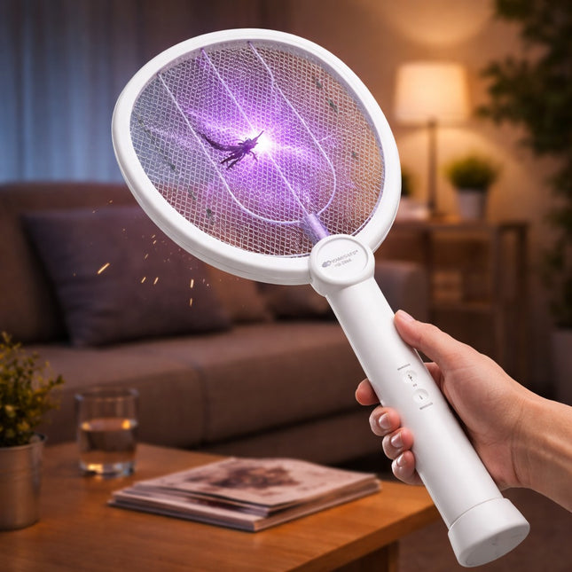 Hand holding a fly swatter with a purple light in a living room setting