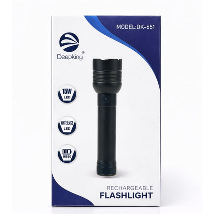 Deepking rechargeable flashlight packaging on a white background