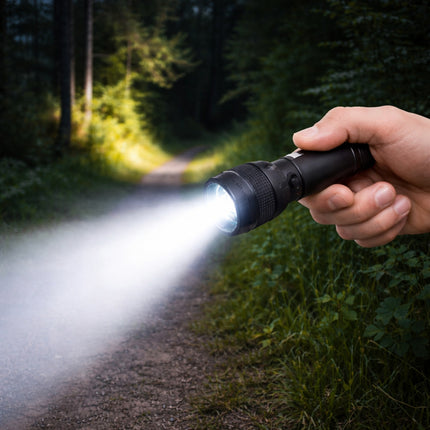 Hand holding a flashlight on a forest path