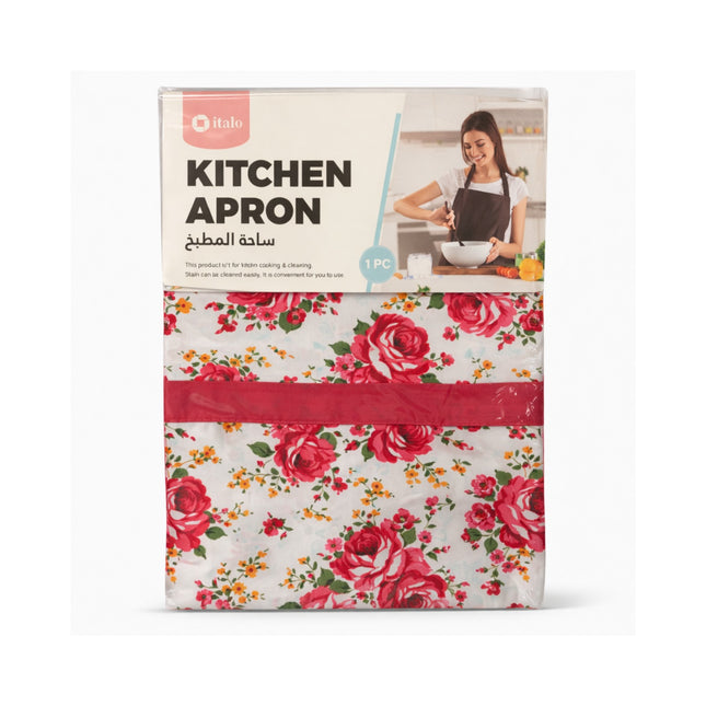 Floral-patterned kitchen apron packaging with a woman wearing an apron in the background.