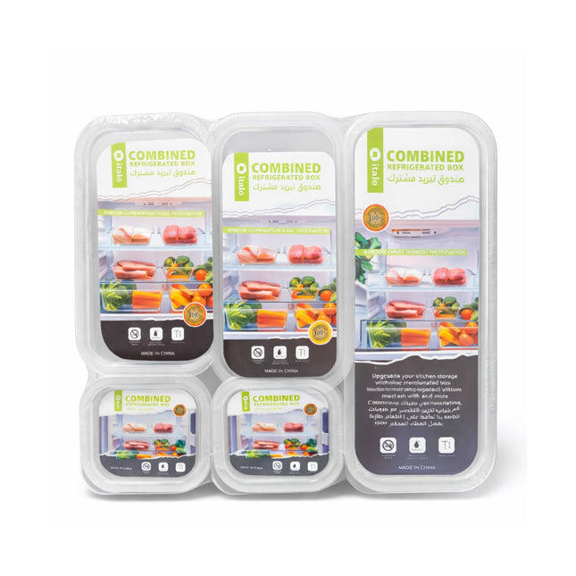 Set of four combined refrigerated boxes with food illustrations on a white background