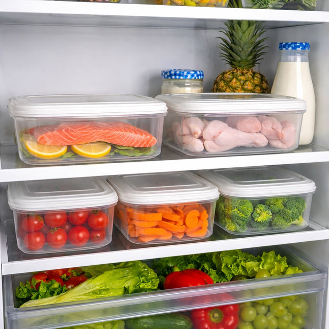 Shelves with containers of food including salmon, chicken, vegetables, and fruits.