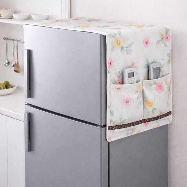 Floral-patterned refrigerator cover on a kitchen refrigerator