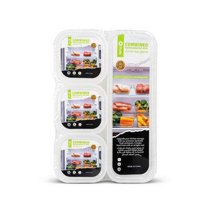 Two white refrigerator storage boxes with images of food and text on a white background