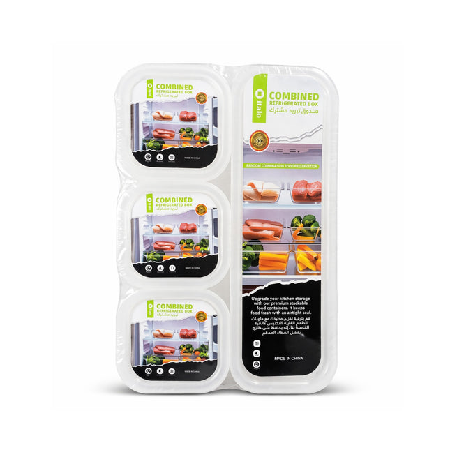 Two white refrigerator storage boxes with images of food and text on a white background