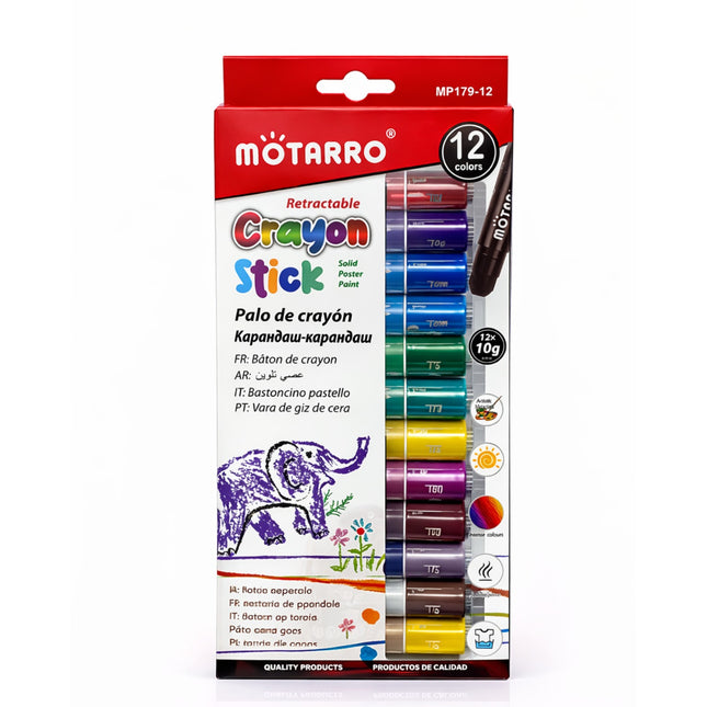 Motarro 12-color retractable crayon stick set packaging on a white background