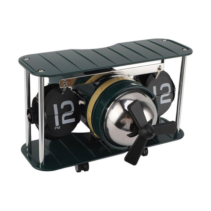 Three spool reel clock with green base and black spools on a white background