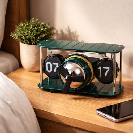 Decorative shelf with numbered circular objects on a wooden surface, plant and phone in the background