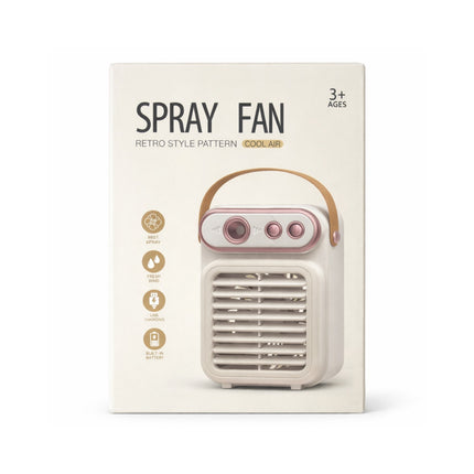Packaging of a retro-style spray fan with 'Spray Fan' text and product illustration.