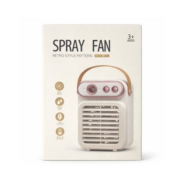 Packaging of a retro-style spray fan with 'Spray Fan' text and product illustration.