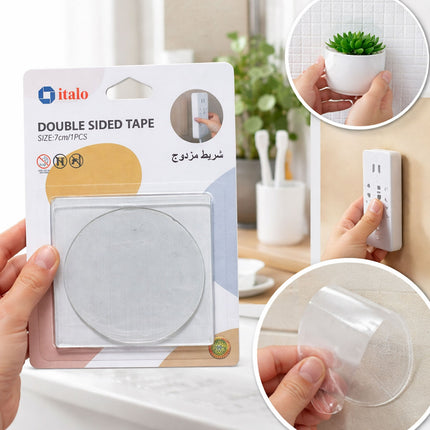 Packaging of italo double-sided tape with usage examples on a kitchen wall.
