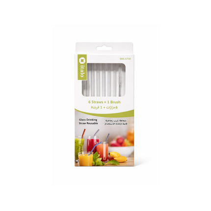 Packaging of glass drinking straws with a brush on a white background