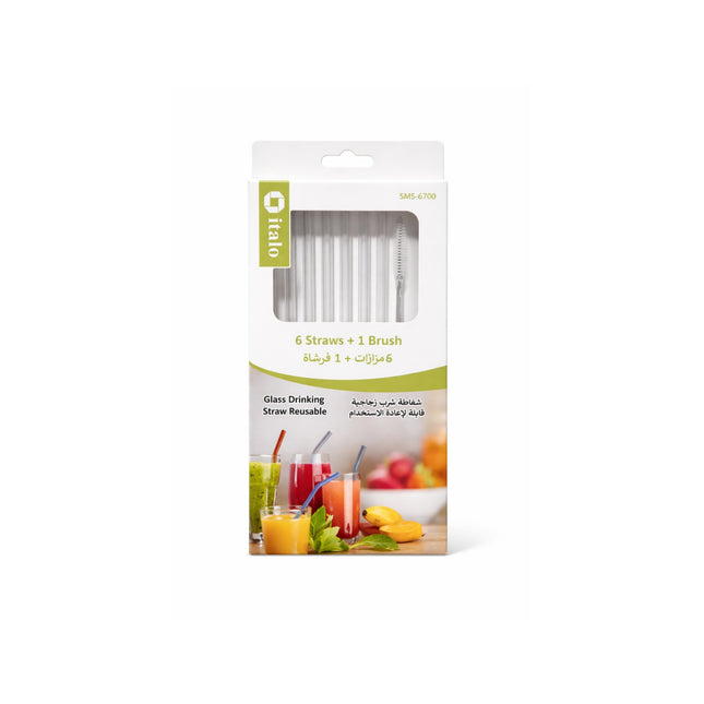 Packaging of glass drinking straws with a brush on a white background