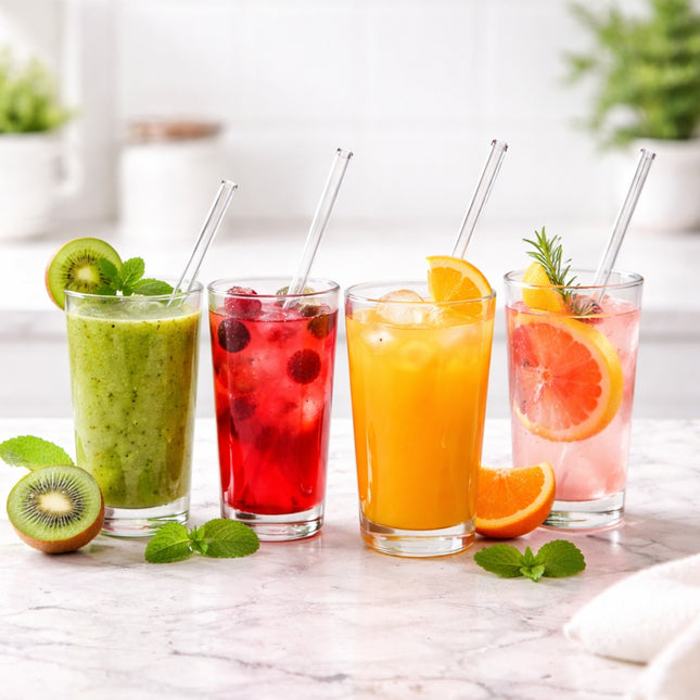 Four colorful drinks in glasses with straws on a marble surface, garnished with fruits and herbs.