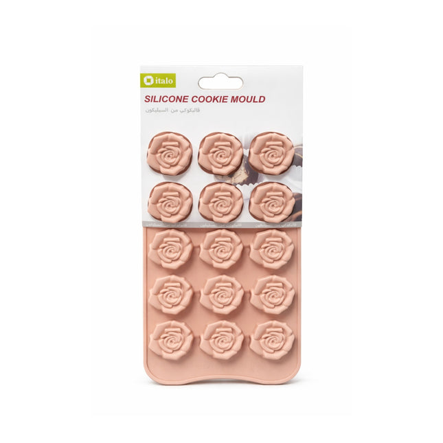 Silicone cookie mould with rose designs on a white background