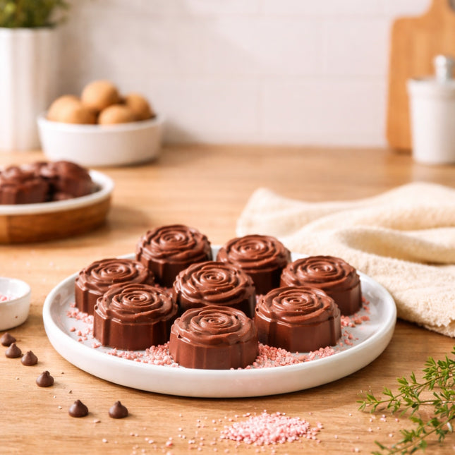 Chocolate roses on a white plate with a wooden background