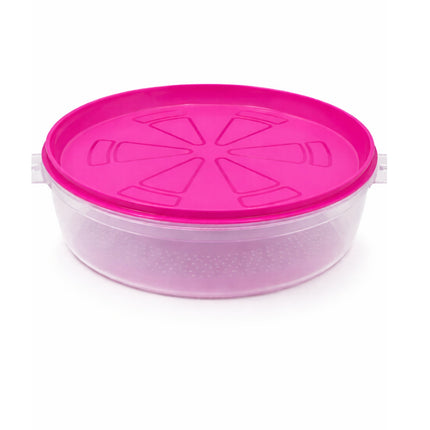 Pink plastic container with a lid on a white background