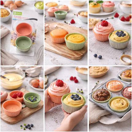 Collage of images showing colorful cupcake liners, cupcakes with toppings, and a muffin tin.