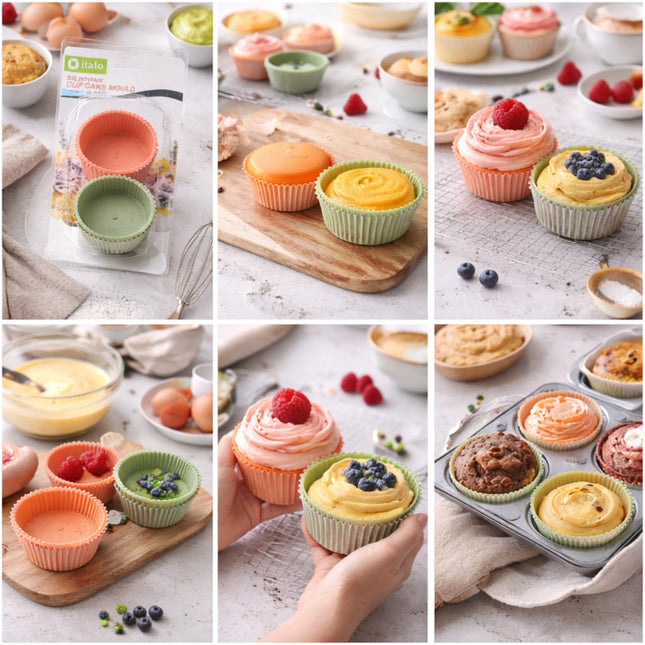 Collage of images showing colorful cupcake liners, cupcakes with toppings, and a muffin tin.