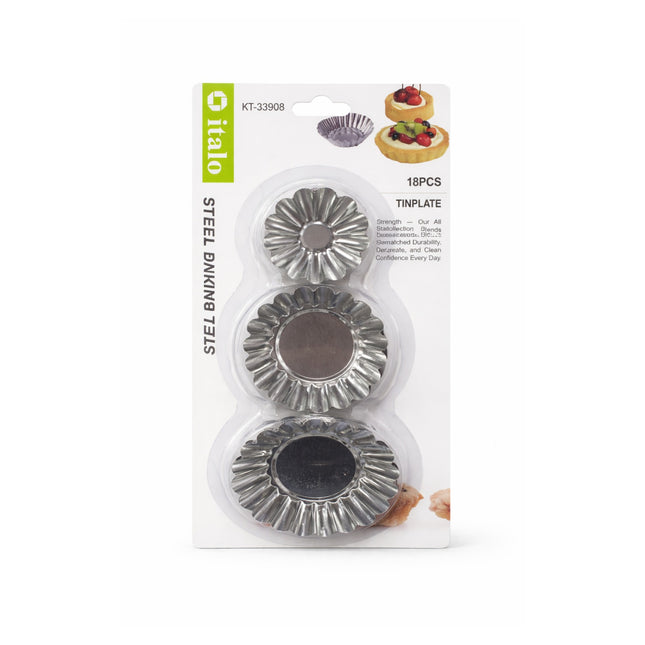 Packaging of metal baking molds with 'italo' branding on a white background